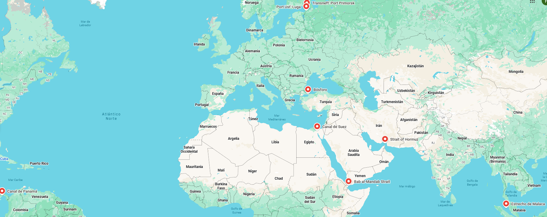 Mapa de los cuellos de botella del petróleo: Primorsk y Ust-Luga en el Báltico, estrecho de Hormuz y Bab el-Mandeb